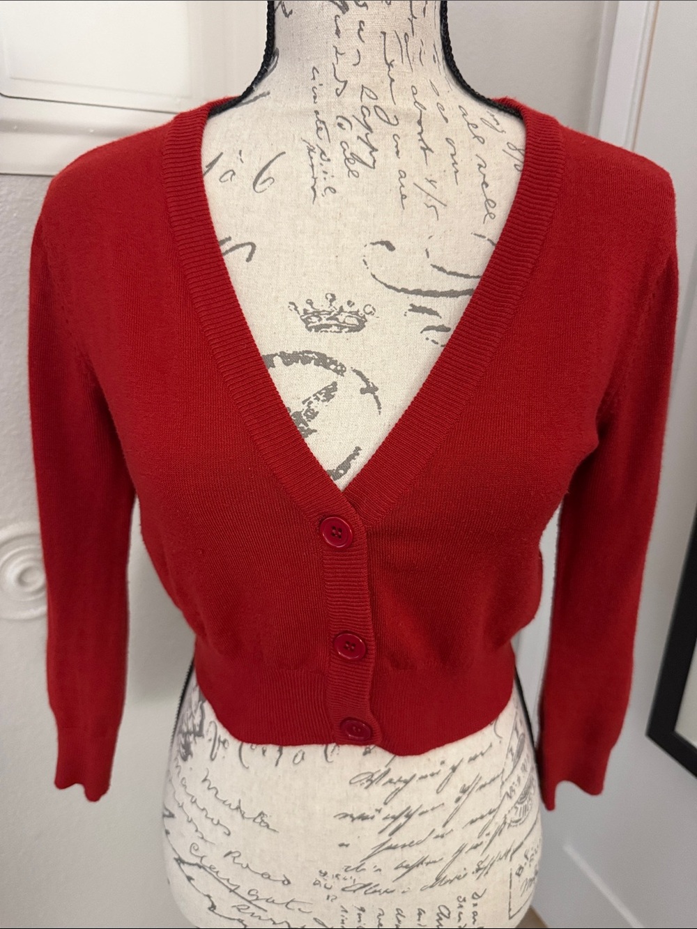 Classic Red V-Neck Button Front Women's Sweater